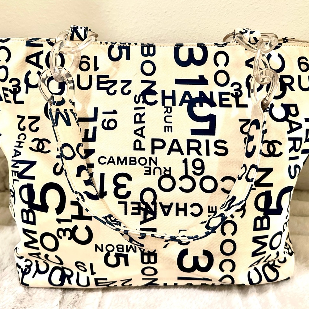 Chanel Cream and Navy Graphic Tote